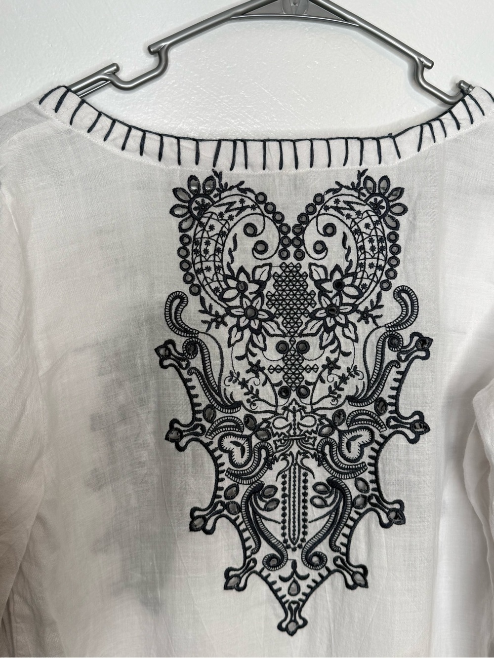 Monoreno Embroidered Linen Tunic Dress White Navy Boho Western Medium - Picture 8 of 12